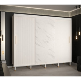 Mora Modern 2 Sliding Marble Effect Door Wardrobe Gold Handles 9 Shelves 2 Rails Wooden Legs White (H)2080mm (W)2500mm (D)620mm