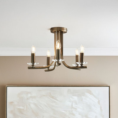 Morden 5 Light Antique Brass Semi Flush Ceiling Light