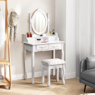 Morden Wood Dressing Table Set with 4 Drawers Oval Mirror and Upholstered Stool for Bedroom Dressing Room, White