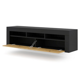 MORENO 160 TV Cabinet - Black Matte/Artisan Oak, Versatile Wall Mountable or Free-Standing Unit - 350mm x 410/430mm x 1600mm