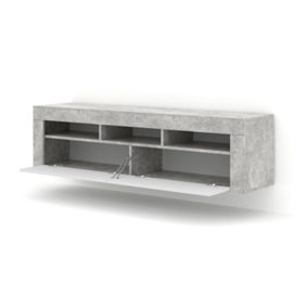 MORENO 160 TV Cabinet - White Matt and Bright Concrete, Versatile Wall Mountable or Free-Standing Unit 350mm x 410/430mm x 1600mm