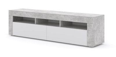 MORENO 160 TV Cabinet - White Matt and Bright Concrete, Versatile Wall Mountable or Free-Standing Unit 350mm x 410/430mm x 1600mm