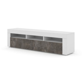 MORENO 160 TV Cabinet - White Matt and Dark Concrete, Versatile Wall Mountable or Free-Standing Unit 350mm x 410/430mm x 1600mm