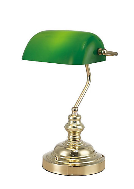 Morgan Bankers Table Lamp 1 Light E27, Bankers Lamp Gold With Green Shade