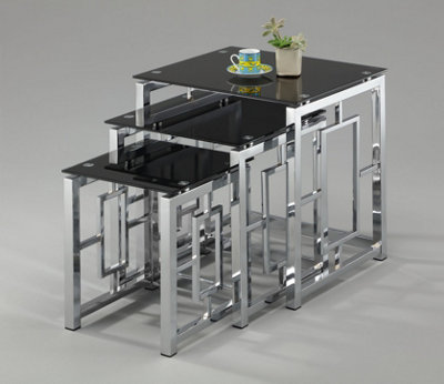 Morgan Modern Black Glass Nest of Coffee Tables 3 Nesting Table Set Side Table