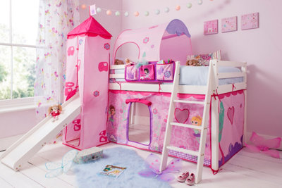 Moro Cabin Bed Midsleeper Kids Solid Wood Bunk with Slide and Fairies Tower ,Tunnel & Tent in Classic White