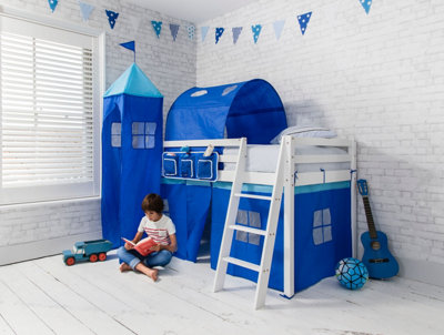 Moro Cabin Bed with Ladder and Brilliant Blue Cotton Tent, Tower & Tunnel in White