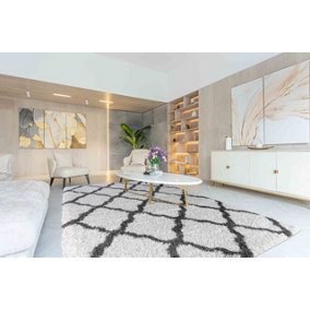 Moroccan Berber Shaggy Rugs Living Room Bold Trellis Dark Cream 160x230 cm