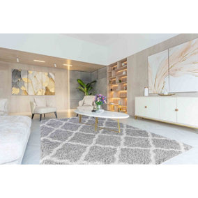 Moroccan Berber Shaggy Rugs Living Room Bold Trellis Grey 120x170 cm