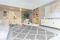 Moroccan Berber Shaggy Rugs Living Room Bold Trellis Grey 200x290 cm