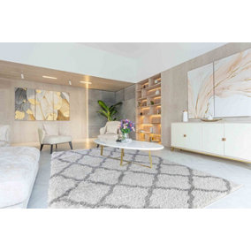 Moroccan Berber Shaggy Rugs Living Room Bold Trellis Light Cream 160x230 cm