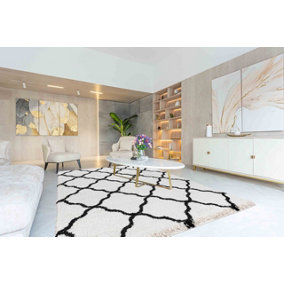Moroccan Berber Shaggy Rugs Living Room Bold Trellis Stone 120x170 cm