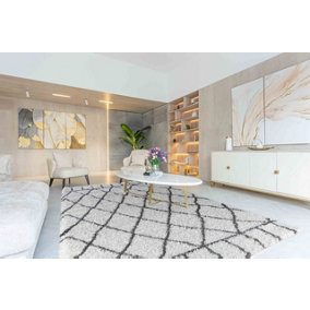 Moroccan Berber Shaggy Rugs Living Room Diamond Design Dark Cream 120x170 cm