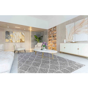 Moroccan Berber Shaggy Rugs Living Room Diamond Design Grey 120x170 cm
