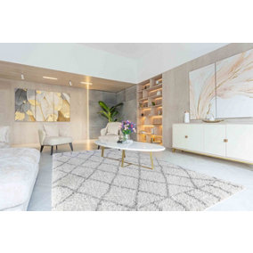 Moroccan Berber Shaggy Rugs Living Room Diamond Design Light Cream 120x170 cm