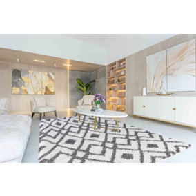 Moroccan Berber Shaggy Rugs Living Room Ikat Dark Cream 200x290 cm