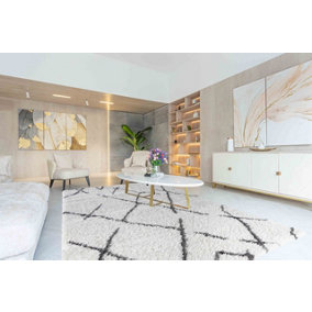 Moroccan Berber Shaggy Rugs Living Room Scandi Dark Cream 160x230 cm