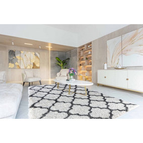 Moroccan Berber Shaggy Rugs Living Room Trellis Dark Cream 120x170 cm
