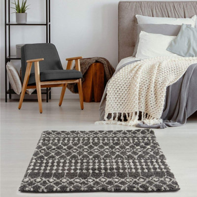 Moroccan Dark Grey Shaggy Living Room Rug 1040