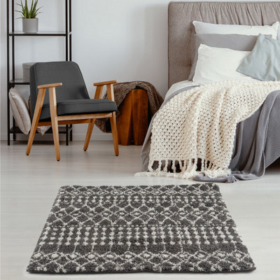 Moroccan Dark Grey Shaggy  Living Room Rug 1040