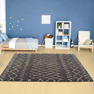 Moroccan Dark Grey Shaggy Living Room Rug 940