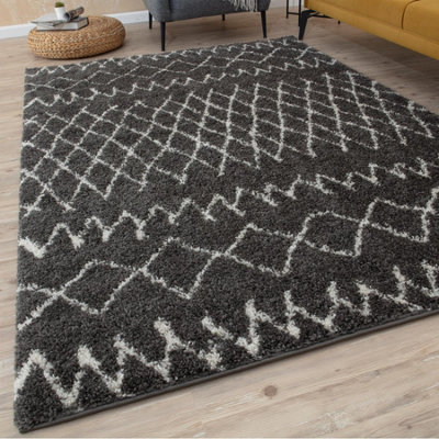 Moroccan Dark Grey Shaggy Living Room Rug 940