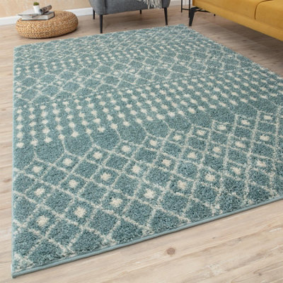 Moroccan Duck Egg Blue Shaggy Living Room Rug 1050