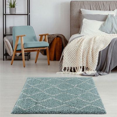 Moroccan Duck Egg Blue Shaggy Living Room Rug 850