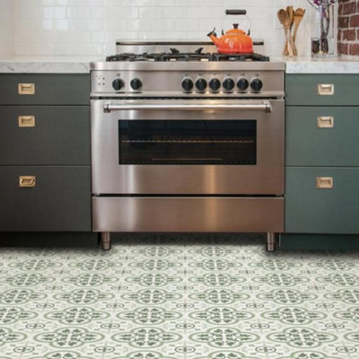 Moroccan Floor Tiles Self-Adhesive Sage Green White Vinyl Kitchen Peel ...