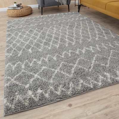 Moroccan Grey Shaggy Living Room Rug 910