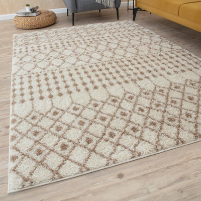 Moroccan Ivory Shaggy Living Room Rug 1030