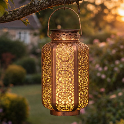 Moroccan Solar Lantern Outdoor Hanging Table Light, Metal Cut-Out ...