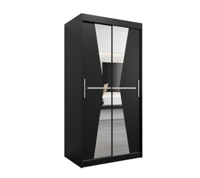 Morocco Contemporary 2 Mirrored Sliding Door Wardrobe 5 Shelves 2 Rails Black Matt (H)2000mm (W)1000mm (D)620mm