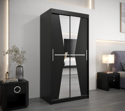 Morocco Contemporary 2 Mirrored Sliding Door Wardrobe 5 Shelves 2 Rails Black Matt (H)2000mm (W)1000mm (D)620mm