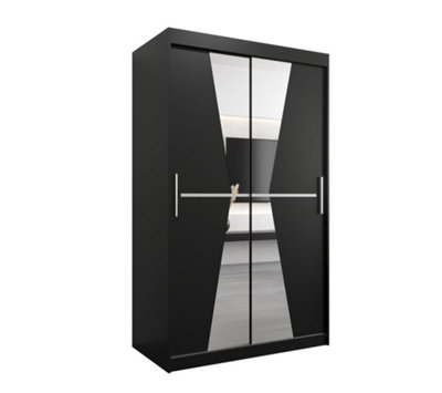 Morocco Contemporary 2 Mirrored Sliding Door Wardrobe 5 Shelves 2 Rails Black Matt (H)2000mm (W)1200mm (D)620mm