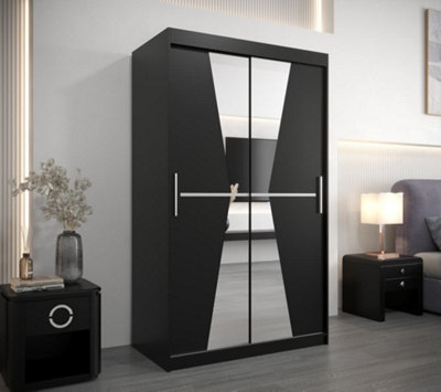 Morocco Contemporary 2 Mirrored Sliding Door Wardrobe 5 Shelves 2 Rails Black Matt (H)2000mm (W)1200mm (D)620mm