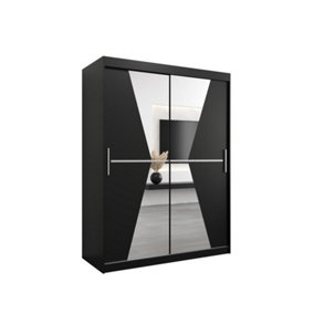 Morocco Contemporary 2 Mirrored Sliding Door Wardrobe 5 Shelves 2 Rails Black Matt (H)2000mm (W)1500mm (D)620mm