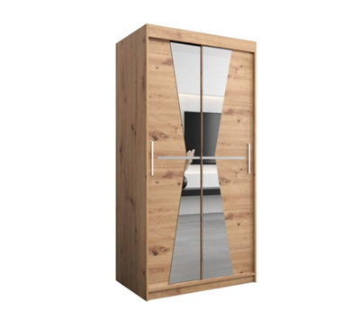 Morocco Contemporary 2 Mirrored Sliding Door Wardrobe 5 Shelves 2 Rails Oak Artisan Effect (H)2000mm (W)1000mm (D)620mm