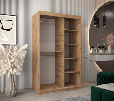 Morocco Contemporary 2 Mirrored Sliding Door Wardrobe 5 Shelves 2 Rails Oak Artisan Effect (H)2000mm (W)1200mm (D)620mm