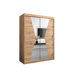 Morocco Contemporary 2 Mirrored Sliding Door Wardrobe 5 Shelves 2 Rails Oak Artisan Effect (H)2000mm (W)1500mm (D)620mm