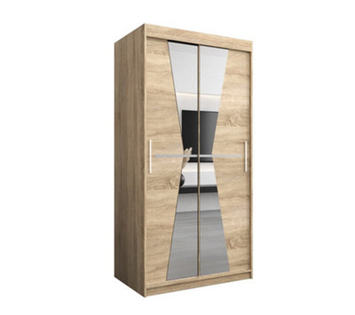 Morocco Contemporary 2 Mirrored Sliding Door Wardrobe 5 Shelves 2 Rails Oak Sonoma Effect (H)2000mm (W)1000mm (D)620mm