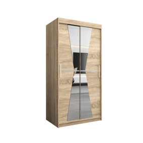 Morocco Contemporary 2 Mirrored Sliding Door Wardrobe 5 Shelves 2 Rails Oak Sonoma Effect (H)2000mm (W)1000mm (D)620mm