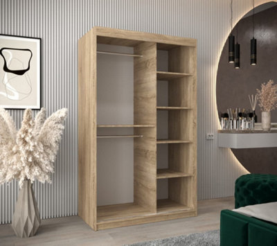 Morocco Contemporary 2 Mirrored Sliding Door Wardrobe 5 Shelves 2 Rails Oak Sonoma Effect (H)2000mm (W)1200mm (D)620mm
