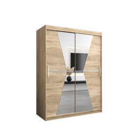 Morocco Contemporary 2 Mirrored Sliding Door Wardrobe 5 Shelves 2 Rails Oak Sonoma Effect (H)2000mm (W)1500mm (D)620mm
