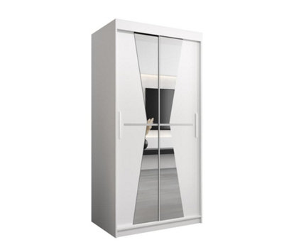 Morocco Contemporary 2 Mirrored Sliding Door Wardrobe 5 Shelves 2 Rails White Matt (H)2000mm (W)1000mm (D)620mm