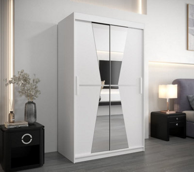 Morocco Contemporary 2 Mirrored Sliding Door Wardrobe 5 Shelves 2 Rails White Matt (H)2000mm (W)1200mm (D)620mm