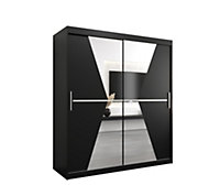 Morocco Contemporary 2 Mirrored Sliding Door Wardrobe 9 Shelves 2 Rails Black Matt (H)2000mm (W)1800mm (D)620mm