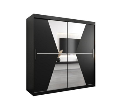 Morocco Contemporary 2 Mirrored Sliding Door Wardrobe 9 Shelves 2 Rails Black Matt (H)2000mm (W)2000mm (D)620mm