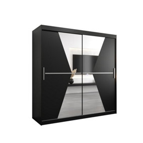 Morocco Contemporary 2 Mirrored Sliding Door Wardrobe 9 Shelves 2 Rails Black Matt (H)2000mm (W)2000mm (D)620mm