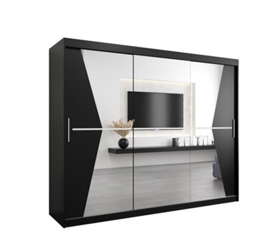 Morocco Contemporary 3 Mirrored Sliding Door Wardrobe 9 Shelves 2 Rails Black Matt (H)2000mm (W)2500mm (D)620mm